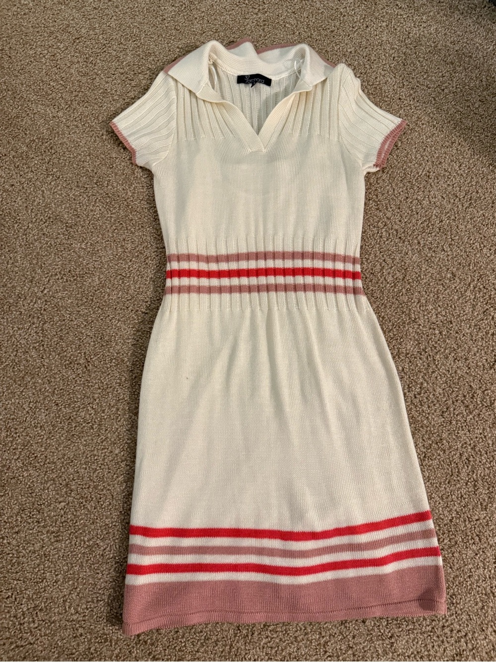 Vintage Cream Knit Polo Dress with Pink & Red Stripe Accents